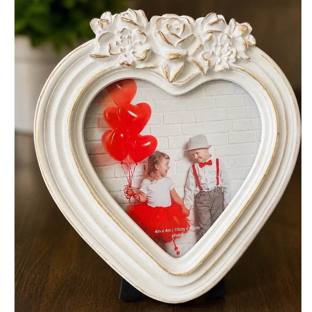 Isaac Jacobs Picture Frame Unisex 4x4 White Heart Floral Shabby Chic Decor Rose